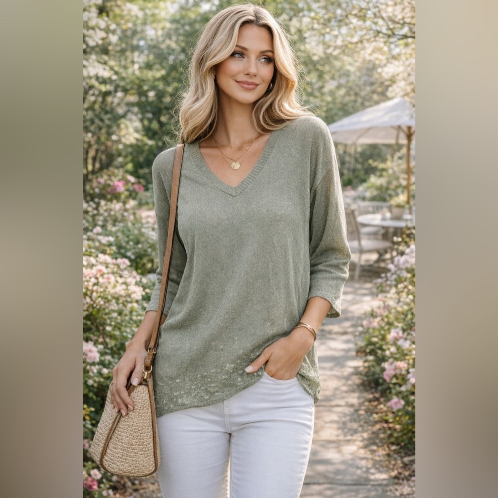 Amanda Smith Olive Semi Sheer Knit Top Beaded V-Neck 3/4 Sleeve Blouse Sz Large